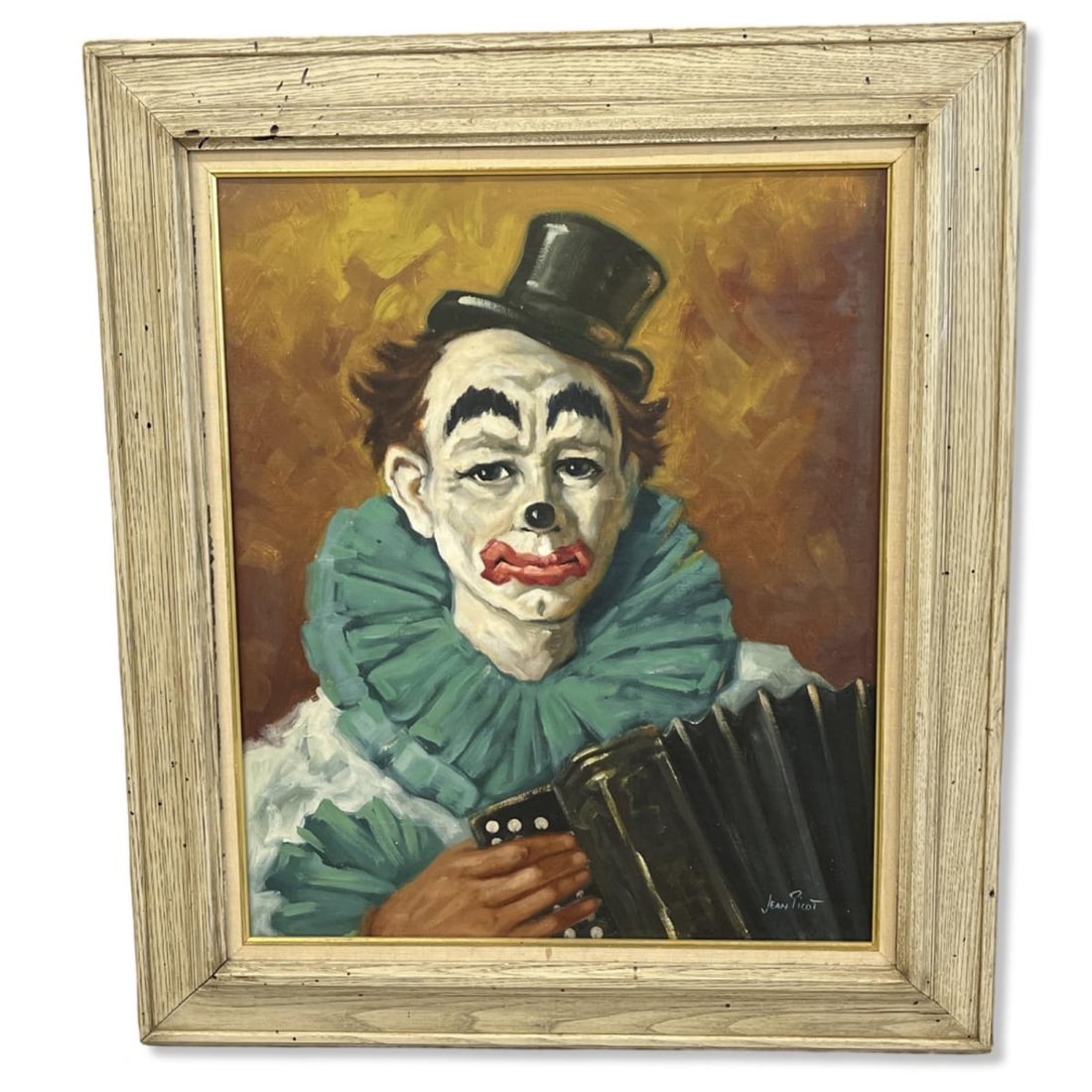 Signed Jean Picot Oil Painting on Canvas Hobo Clown with Accordion: Signed Jean Picot Oil Painting on Canvas Hobo Clown with Accordion. Signed lower right, meausres 24" x 19 1/2", 4" frame