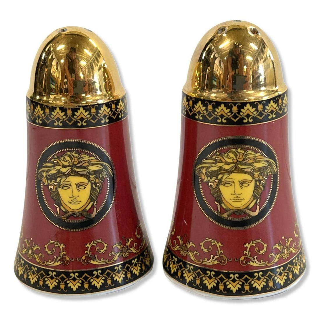 Versace Rosenthal Medusa Porcelain Salt & Pepper Shakers: Versace Rosenthal Medusa Porcelain Salt & Pepper Shakers measures H: 4"