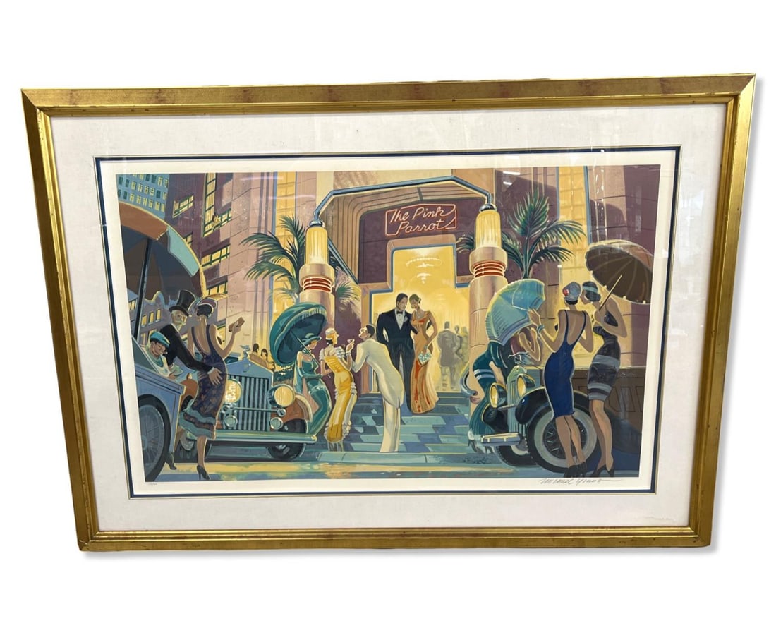 Signed Michael Young Limited Edition Lithograph in Color The Pink Parrot Depicting Figures Outside a: Signed Michael Young Limited Edition Lithograph in Color The Pink Parrot Depicting Figures Outside a Nightclub. Signed and numbered 238/300, measures H: 27" x W: 42", 5" frame & matte