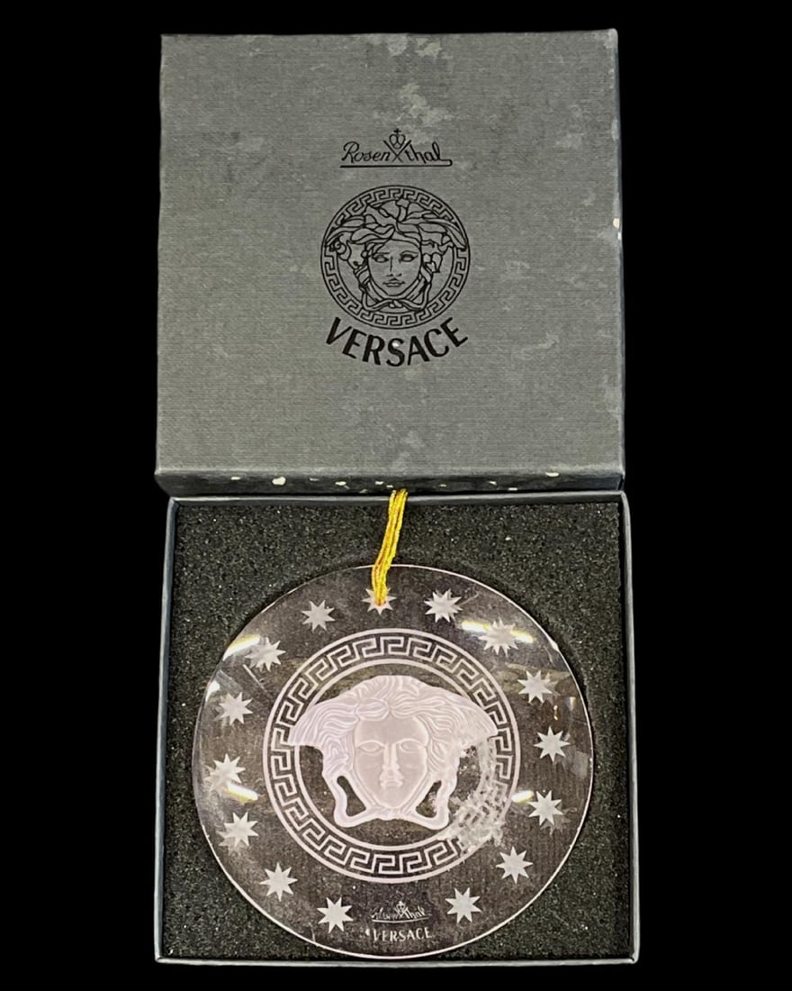 Versace Rosenthal Medusa Pink Crystal Sun Catcher Christmas Ornament in Original Box: Versace Rosenthal Medusa Pink Crystal Sun Catcher Christmas Ornament in Original Box measures 3 1/2"