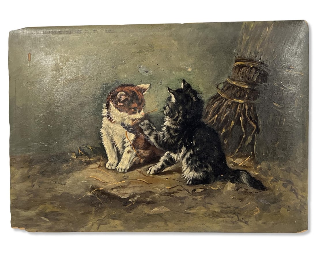 Small Antique Oil Painting on Board of Two Kittens (1 of 1)