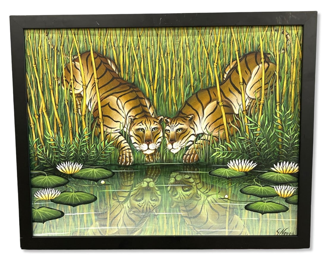 Signed Gustavo Novoa (Chilean b. 1941) Oil Painting on Board Depicting Two Tigers: Signed Gustavo Novoa (Chilean b. 1941) Oil Painting on Board Depicting Two Tigers. Signed lower right, measures H: 13 1/2" x W: 17 1/2", 1" frame