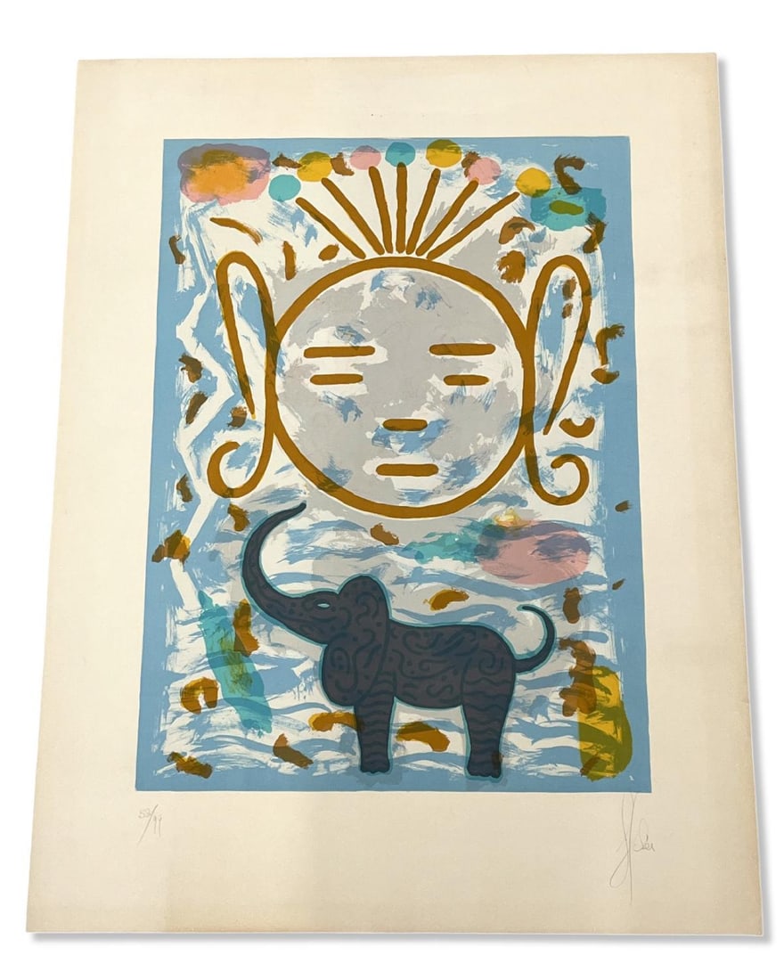 Signed Josep Ucles (Spanish, 1952-2013) Lithograph in Color Untitled Elephant Figure (1 of 2)