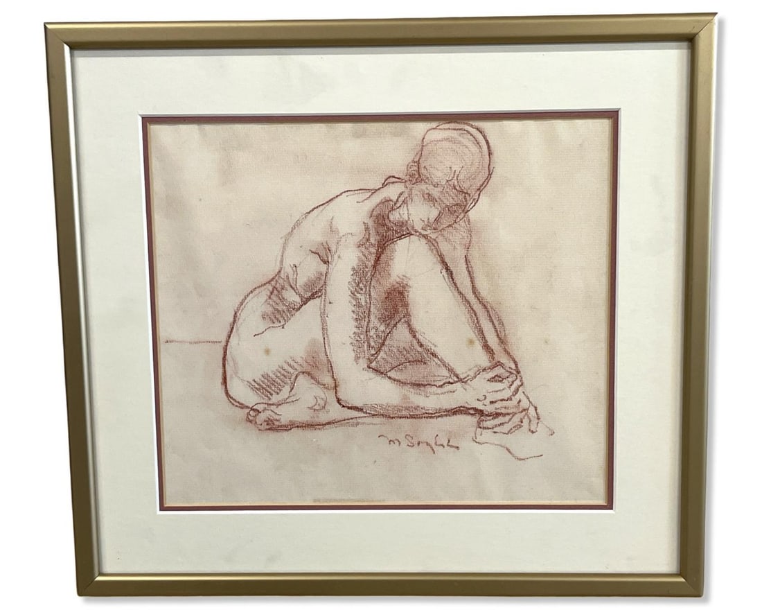 Signed Moses Soyer (American, 1899-1987) Charcoal in Red Chalk on Paper Depicting a Nude: Signed Moses Soyer (American, 1899-1987) Charcoal in Red Chalk on Paper Depicting a Nude. Signed M. Soyer, measures H: 9" x W: 10 1/2", 2" frame & matte