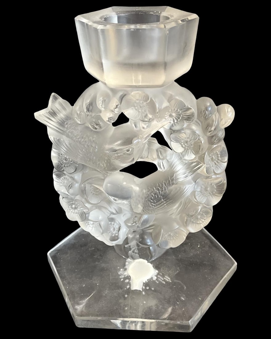 Lalique France Crystal Masanges Candlestick Frosted Crystal Bird & Wreath: Lalique France Crystal Masanges Candlestick Frosted Crystal Bird & Wreath measures H: 6 1/2"