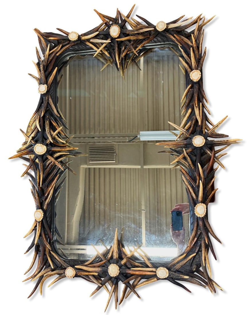 Black Forest Carved & Antler Decorated Mirror (1 of 4)