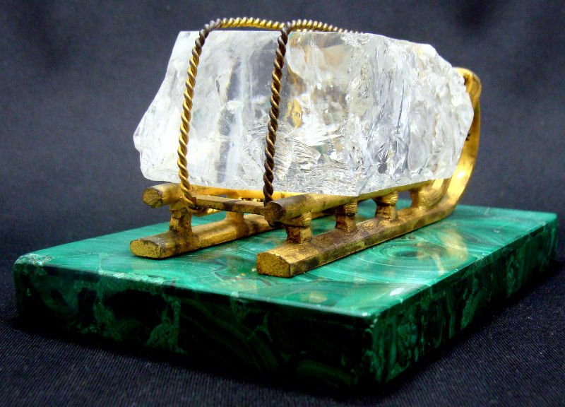 Antique Russian Malachite Ice Sleigh: Antique Russian Malachite rock crystal on gilt bronze ice sleigh. Measures 4" x 1 1/2" on a 3/8" high x 5 3/8" long x 3 5/8" depth malachite base. For Domestic or International Shipping Quotes Please 