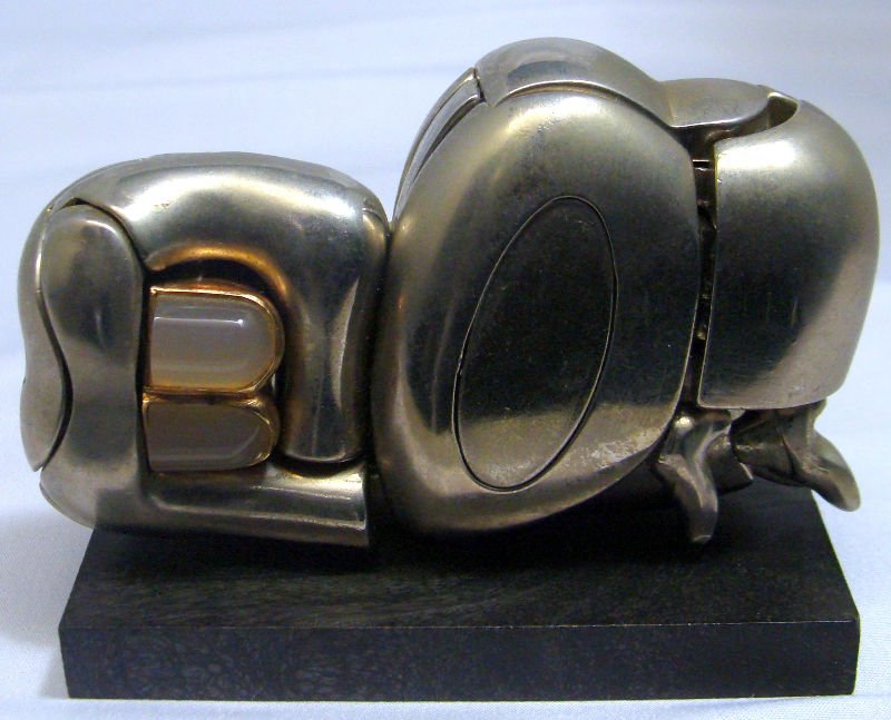 Miguel Berrocal(1933 Spanish) Sculpture: Miguel Barrocal (b. 1933, Spanish) Mini Zoraida sculpture 1971, nickel and silver brass, 23 parts including ring with stones, with original book and box, edition 3068/9500, Figural puzzle. Made in Ita