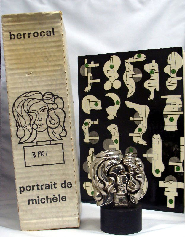Miguel Berrocal(1933 Spanish) Sculpture: Miguel Berrocal (b. 1933, Spanish) Portrait de Michelle sculpture, nickel plated signed, numbered 3901/9500. with original book and box, figural puzzle, made in Italy. Measures 4" high. For Domestic o