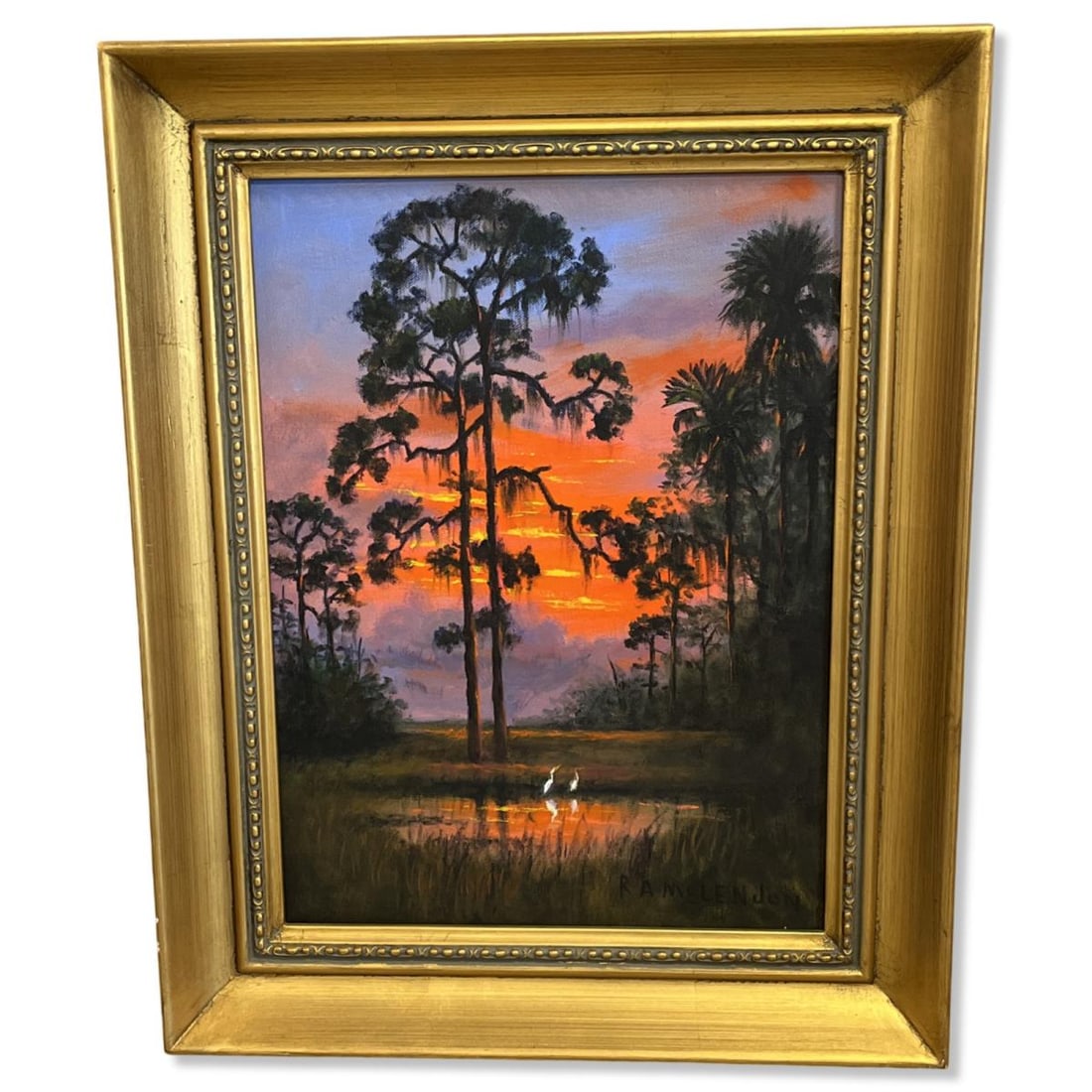 Signed R.A. Mclendon (B. 1932) Florida Highwaymen Oil Painting on Canvas Sunset with Red Fiery Sky & (1 of 3)