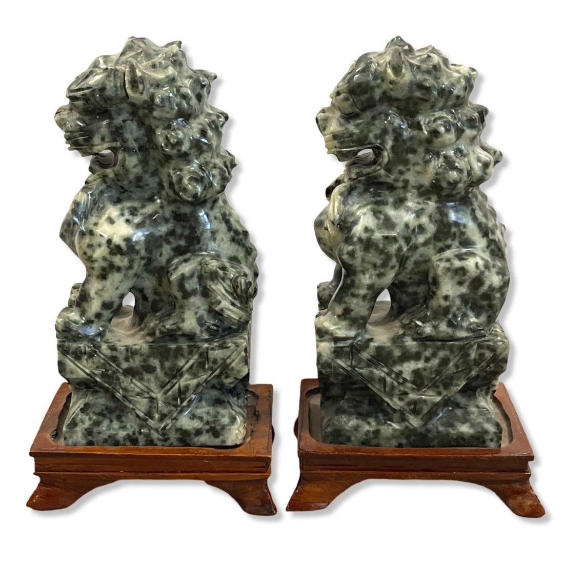 Pair of Chinese Hand Carved Hardstone Foo Dog Figurines on Carved Wood Stand (1 of 4)