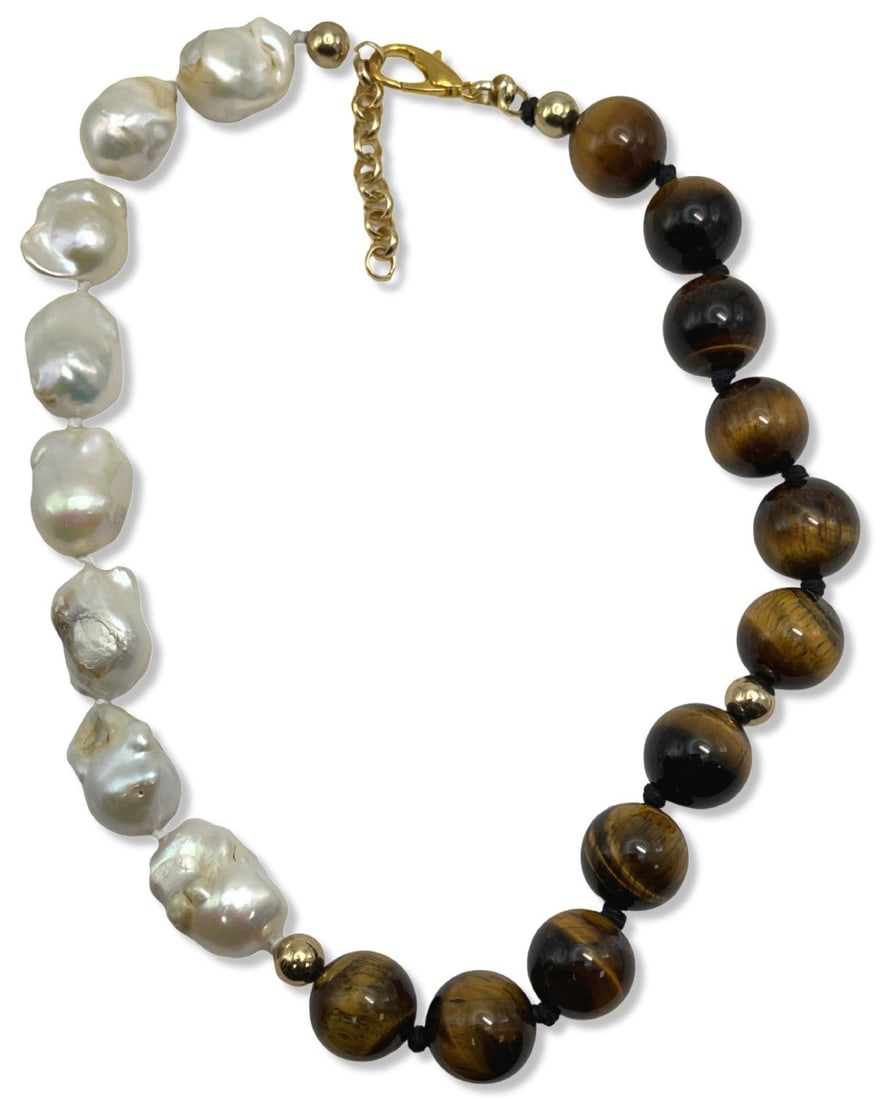 Freshwater Pearl & Tiger's Eye Bead Necklace: Freshwater Pearl & Tiger's Eye Bead Necklace L: 8 1/2"