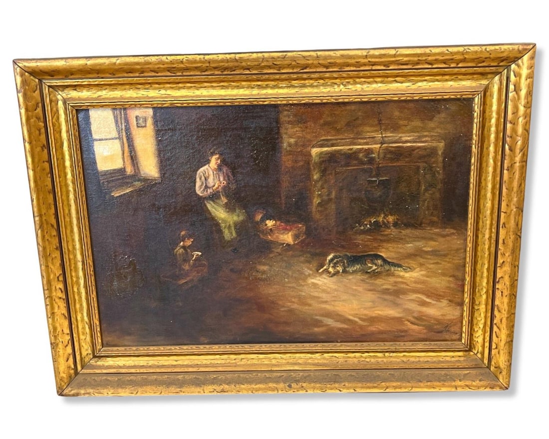 Signed Old Master Style Painting on Canvas Depicting Woman, Child & Cat (1 of 3)