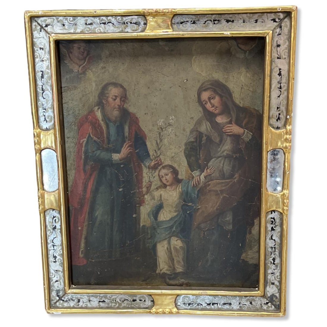 Antique Spanish Colonial Painting on Copper Holy Family: Antique Spanish Colonial Painting on Copper Holy Family measures 16" x 13 1/2"