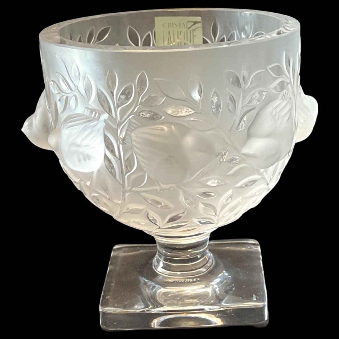 Lalique France Crystal Elizabeth Vase with Eight Sparrow Lovebirds: Lalique France Crystal Elizabeth Vase with Eight Sparrow Lovebirds Featuring Stems & Leaves All Around in Clear and Frosted Glass measures 5 1/4" x 5"