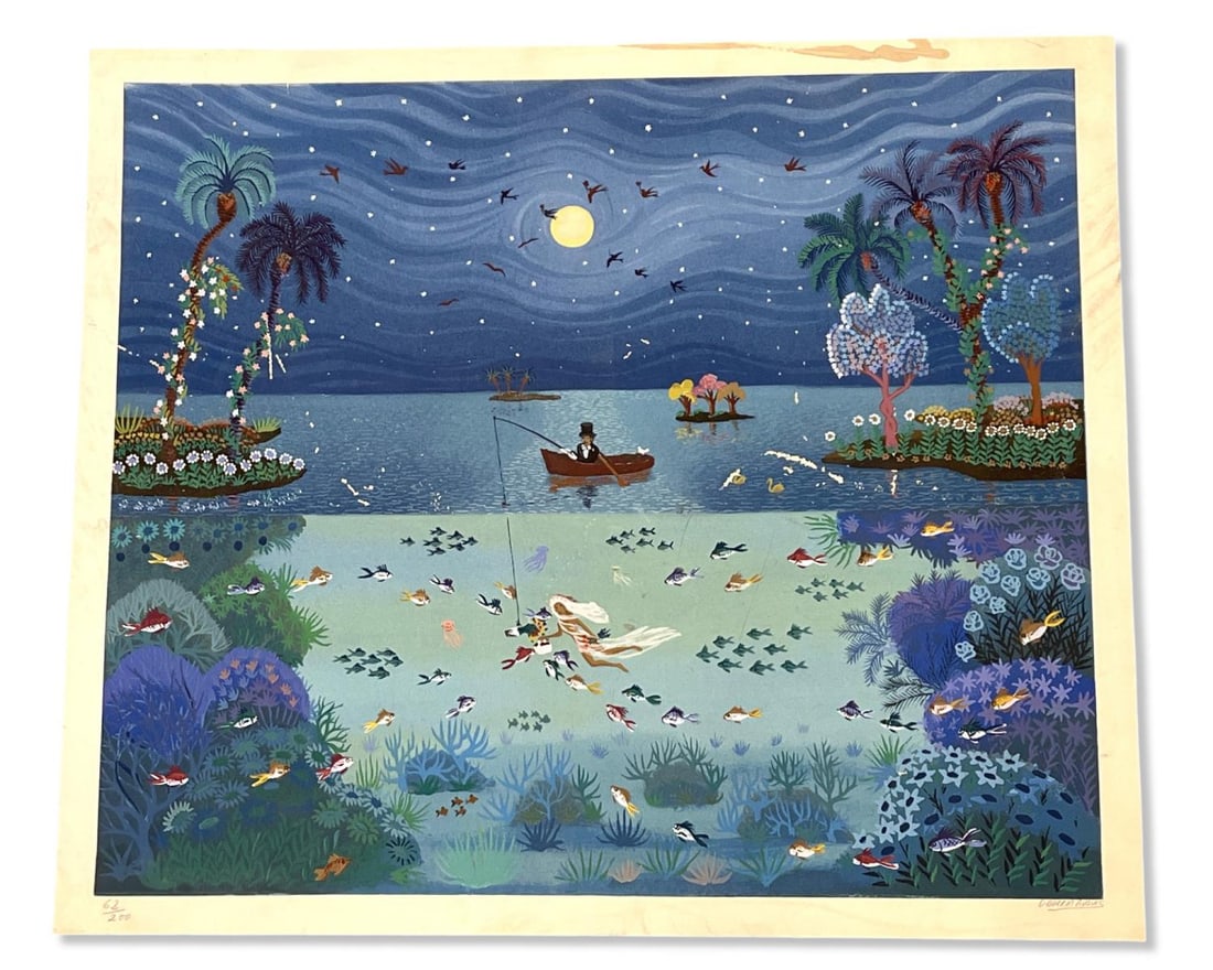 Signed Oscar Borras Ausias (B. 1947) Limited Edition Serigraph in Color Depicting a Man on a Boat: Signed Oscar Borras Ausias (B. 1947) Limited Edition Serigraph in Color Depicting a Man on a Boat Fishing. Signed & numbered 62/200, measures 20" x 22"