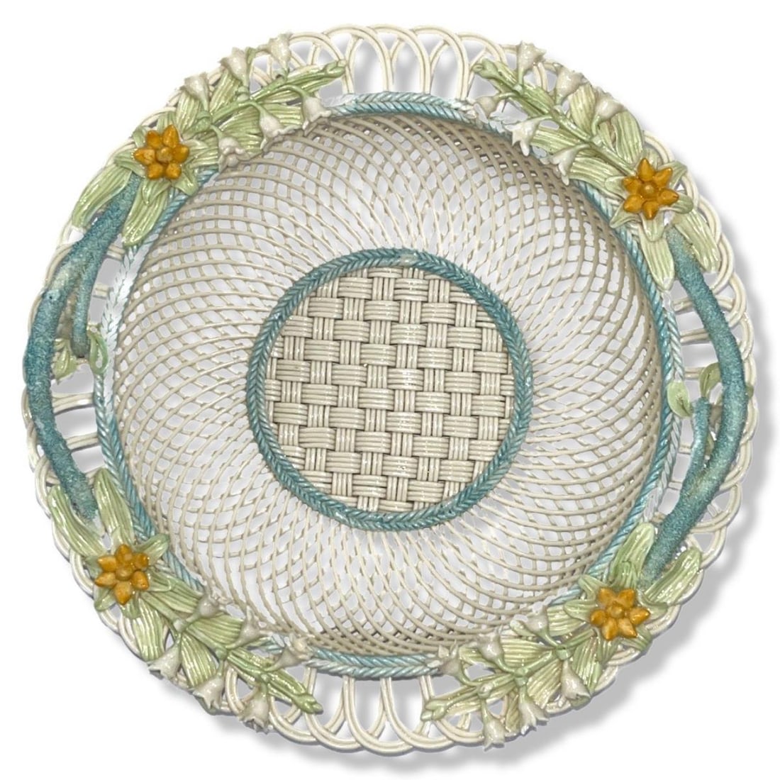 Irish Belleek Porcelain Four Strand Open Weave Flowers Baset Lettice Design with Applied Lily of (1 of 2)