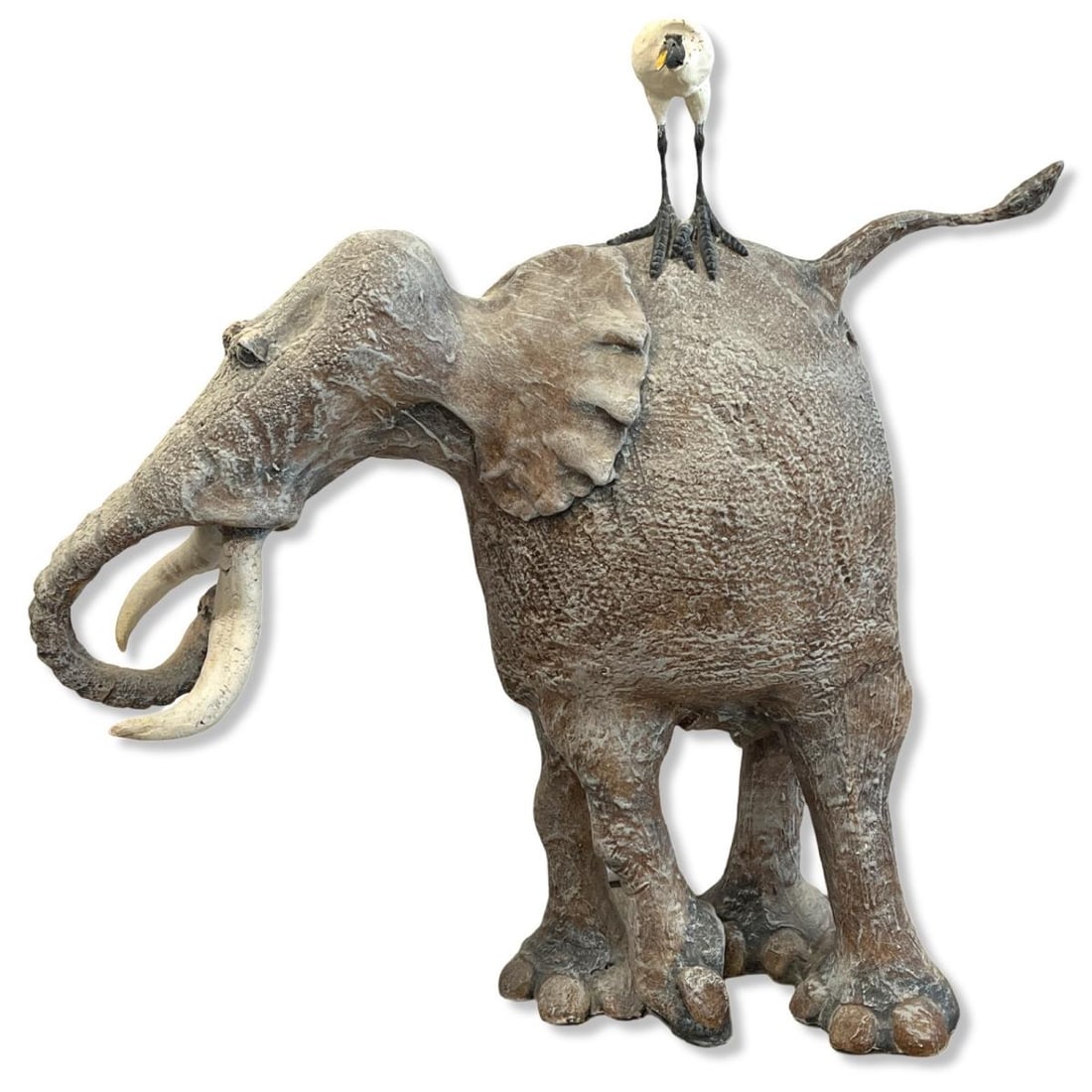 Signed and Dated Todd Warner Ceramic Elephant & Bird Sculpture (1 of 5)