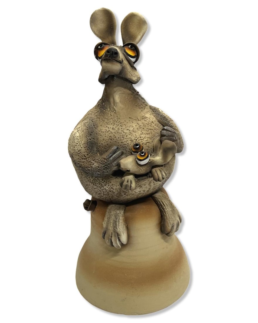 Signed and Dated Todd Warner Ceramic Kangaroo Dinner Bell Sculpture: Signed and Dated Todd Warner Ceramic Kangaroo Dinner Bell Sculpture measures H: 9"