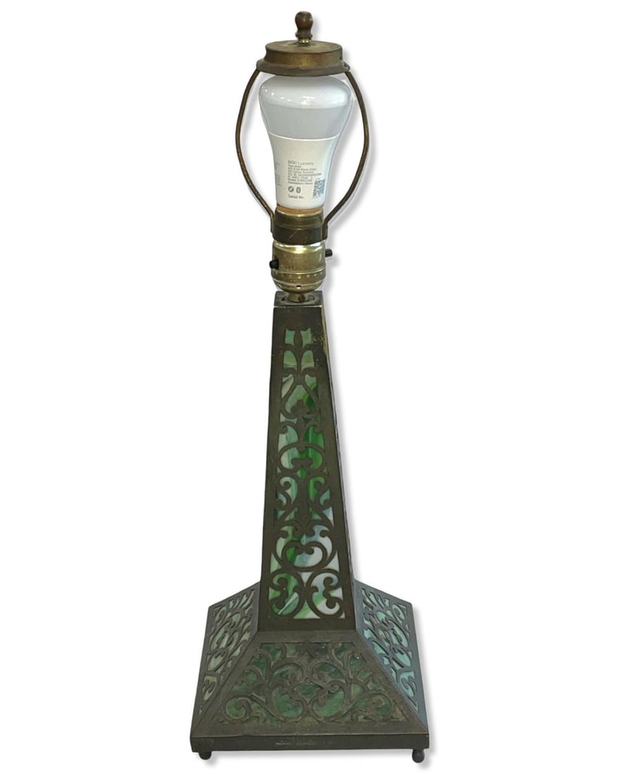 Riviere Studios Grapevine Overlay Table Lamp with Green Slag Glass Base: Riviere Studios Grapevine Overlay Table Lamp with Green Slag Glass Base measures H: 21"
