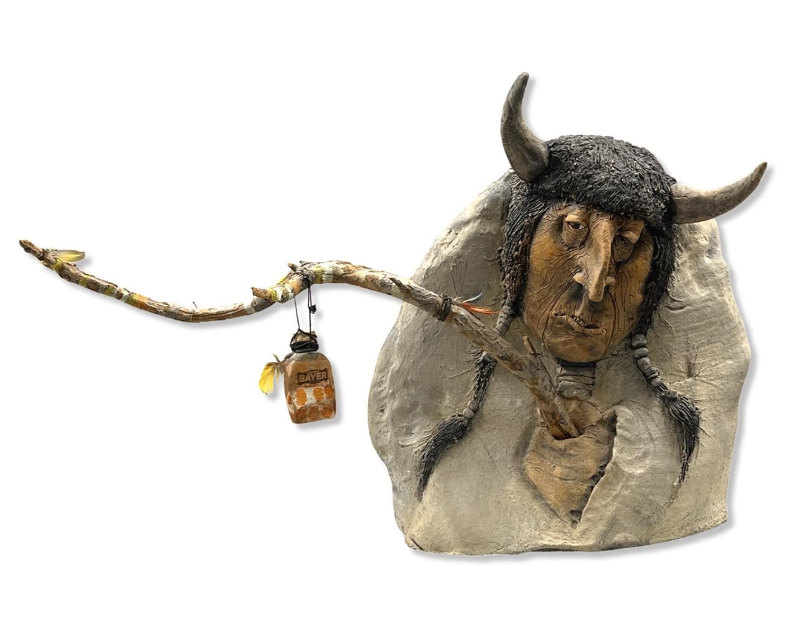 Signed and Dated Todd Warner Ceramic Medicine Man Sculpture: Signed and Dated Todd Warner Ceramic Medicine Man Sculpture measures 19" x 35"