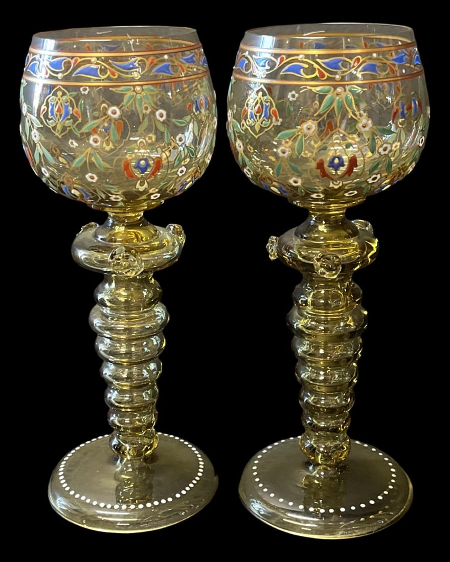 Lot of Six Moser Art Glass Gold Enameled Goblets (1 of 3)