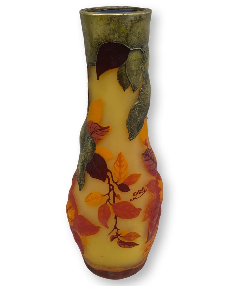 Galle Style Etched Cameo Glass Flower Vase Mold Blown & Acid Etched Art Nouveau Style Glass Vase (1 of 2)