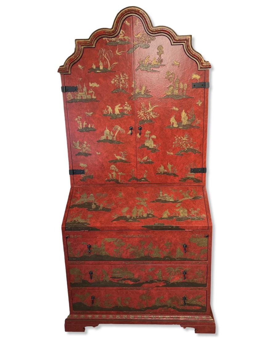 Baker Red Lacquer Chinoiserie Decorated Secretary Desk, Two Door Cabinet Sits Atop a Slant Front (1 of 7)