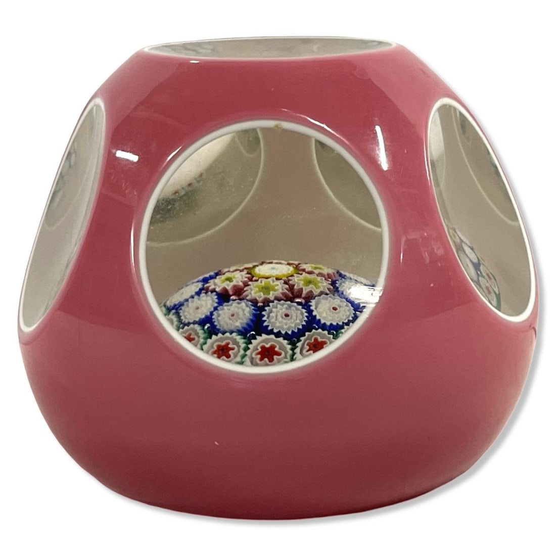 Pink Overlay Cased Art Glass with Millefiori Motif Paperweight: Pink Overlay Cased Art Glass with Millefiori Motif Paperweight measures 2 3/4"