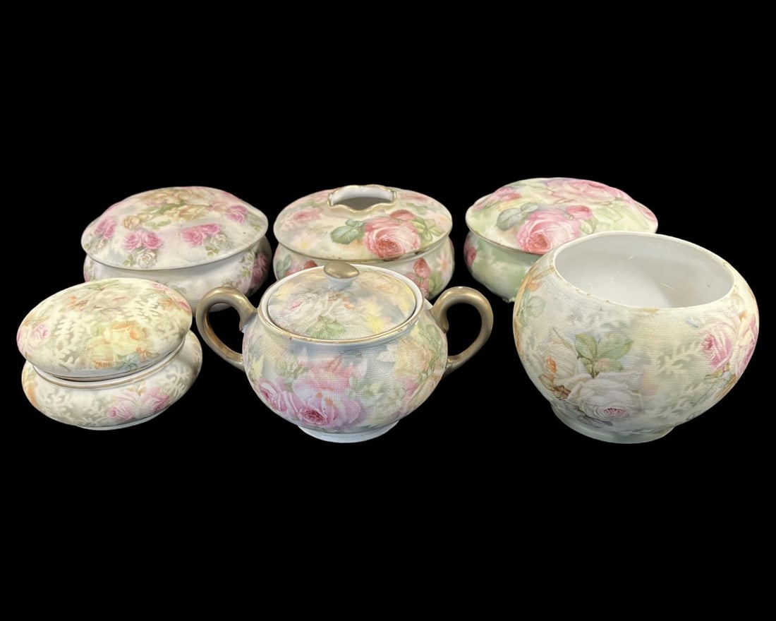 Lot of Six Royal Bayreuth Porcelain Rose Tapestry Covered Box & Bowl (1 of 2)