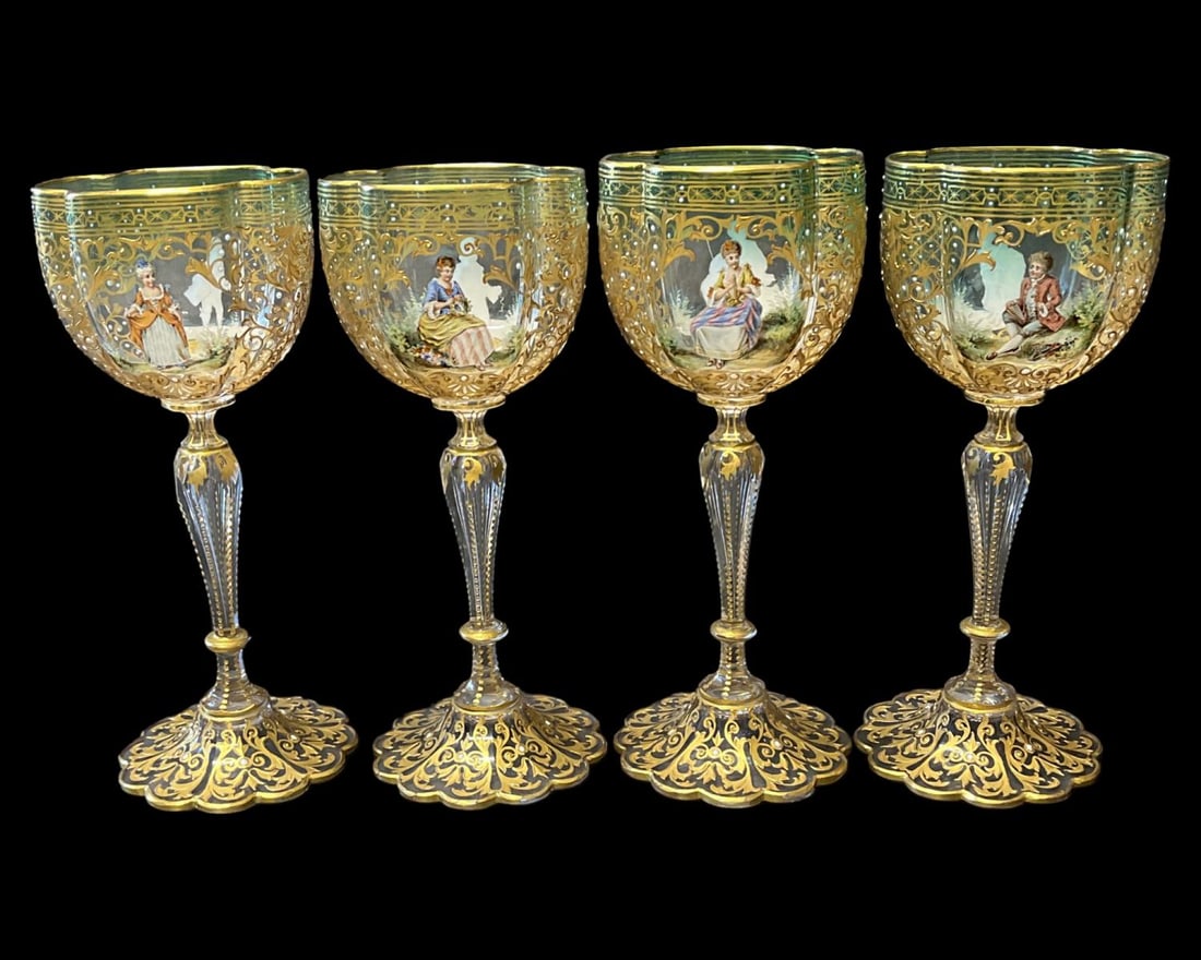 Four Salviati Venetian Glass Wine Stems: Four Salviati Venetian Glass Wine Stems. Italian 20th century each with painted enamel rococo figures on each side, lobed base gilt and enamel foliate decoration measures H: 7"