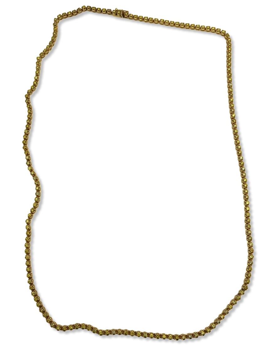14kt YG & 11.44ct Round Yellow Diamond Necklace: 14kt YG & 11.44ct Round Yellow Diamond Necklace measures L: 15 3/8", weighs 48.35dwt/75.20g. Necklace has 176 round yellow diamonds