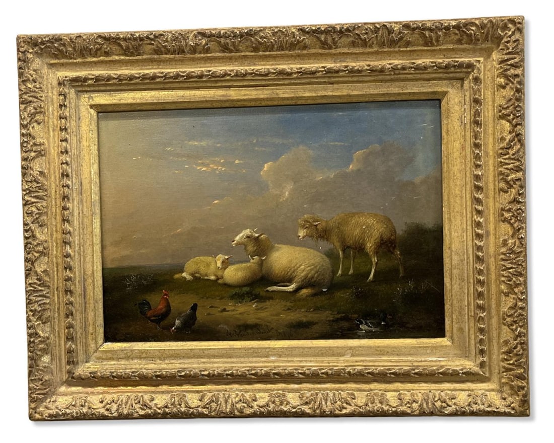 Franz Van Severdonck (Belgian, 1809-1889) Oil Painting on Board Panel Sheep and Chickens Landscape (1 of 3)