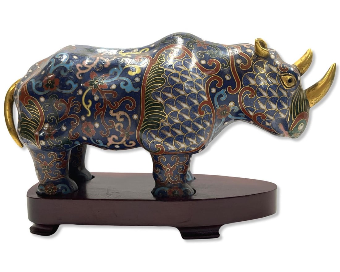 Chinese Cloisonne Enameled Rhinoceros Figure on Wood Stand (1 of 2)