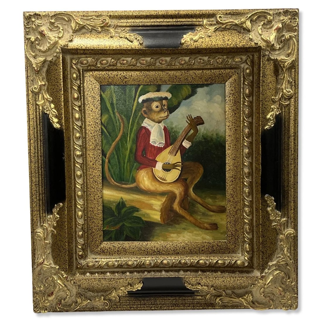 Signed R. Todd Oil Painting on Canvas Monkey Playing Mandolin (1 of 3)