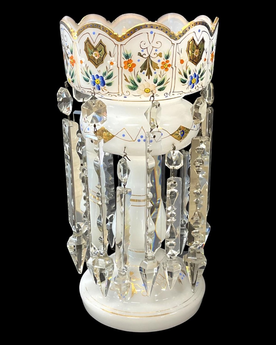 Bohemian Czech Opaline Glass Mantle Luster: Bohemian Czech Opaline Glass Mantle Luster measures H: 14"