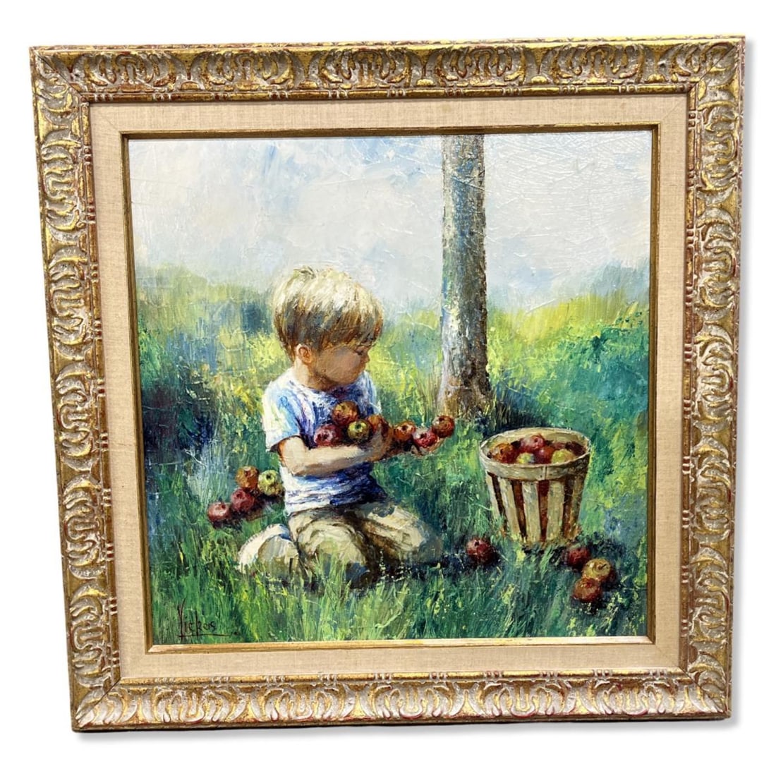 Signed Vickers Oil Painting on Canvas The Little Boy with Apples: Signed Vickers Oil Painting on Canvas The Little Boy with Apples. Signed lower left, measures 16" x 16", 4" frame & matte