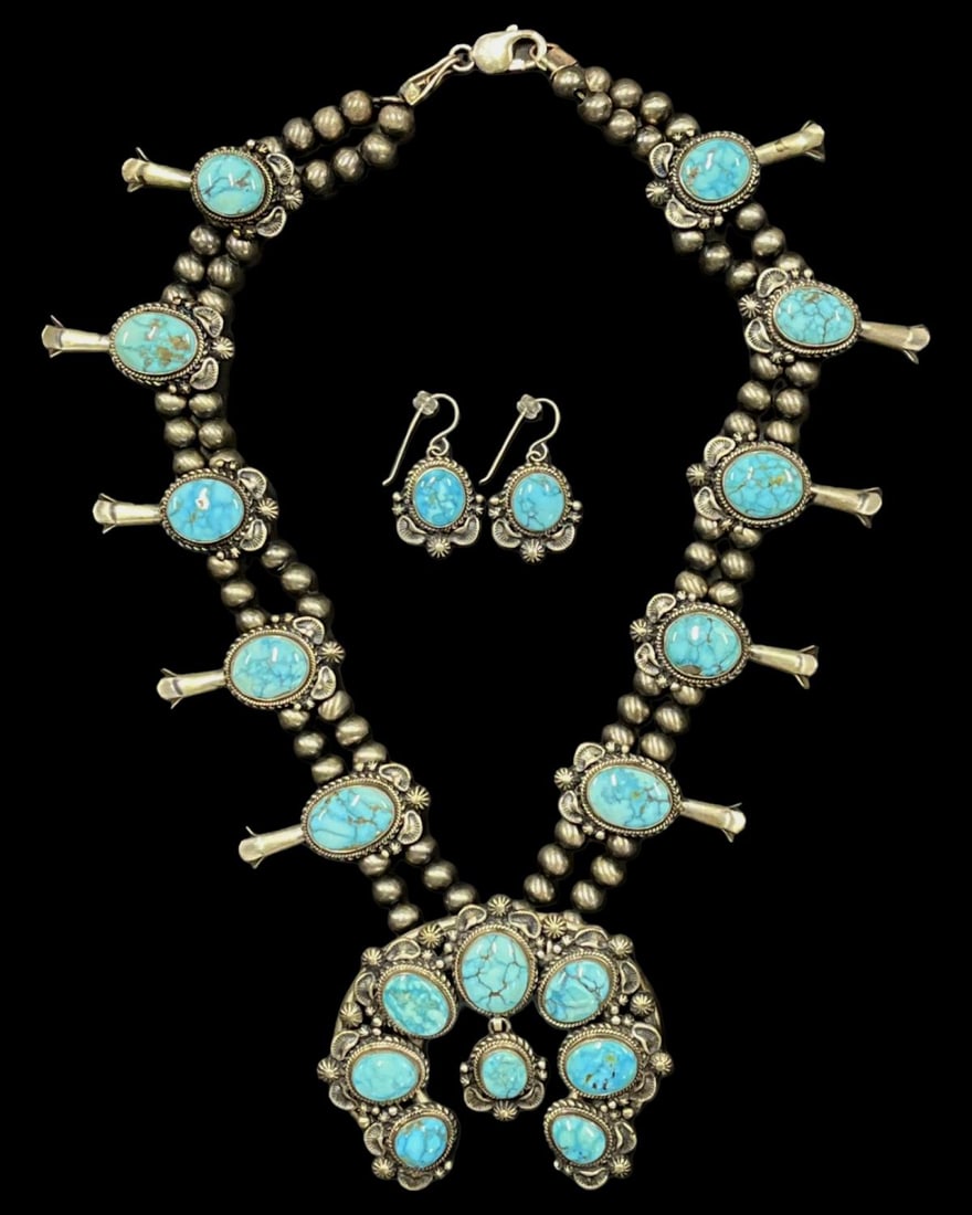 Native American Navajo Sterling Silver & Turquoise Squash Blossom Necklace and Earring Set by Thomas (1 of 3)
