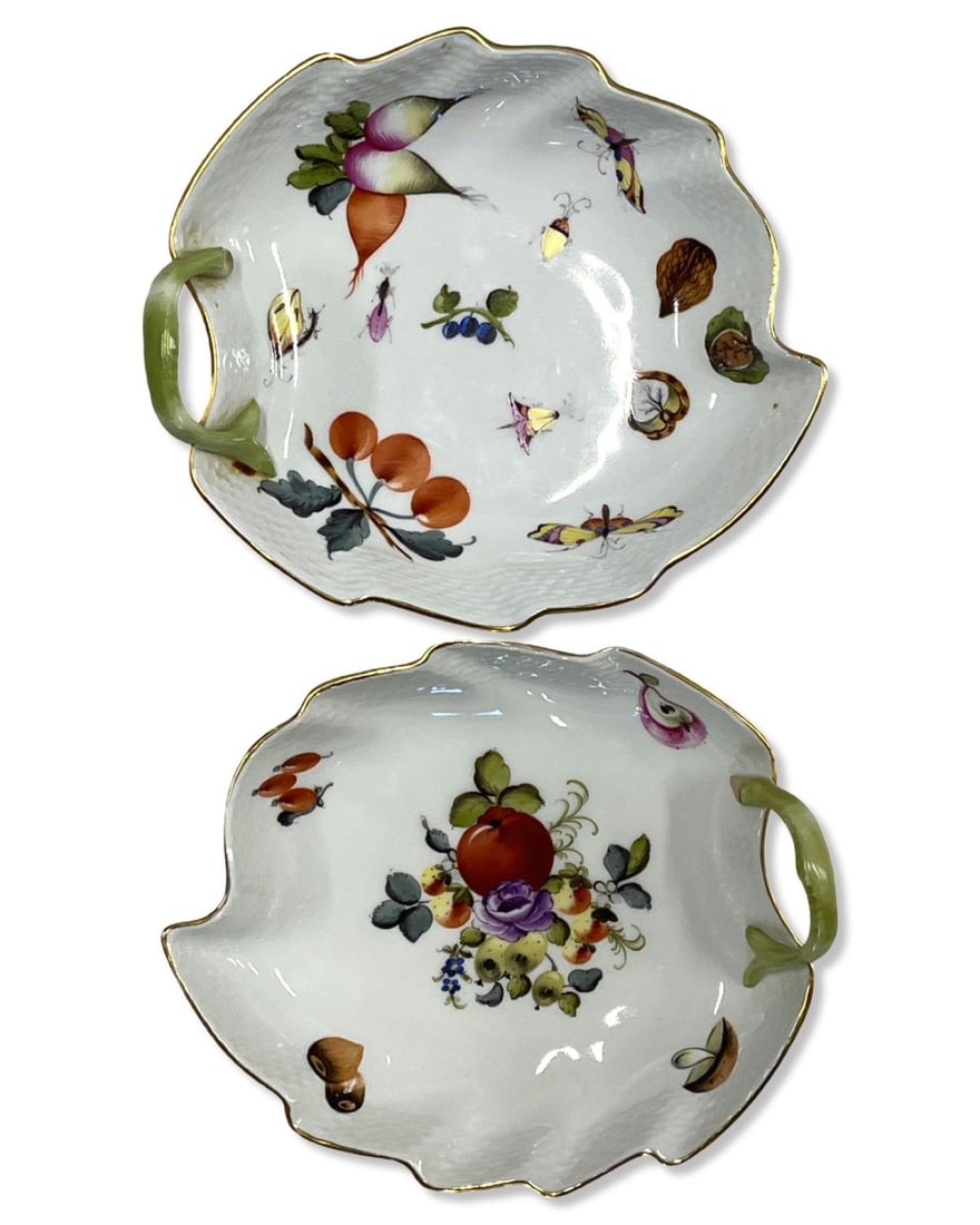 Pair of Herend Hungary Hand Painted Porcelain Leaf Dishes with Hand Painted Insects, Fruit, (1 of 3)