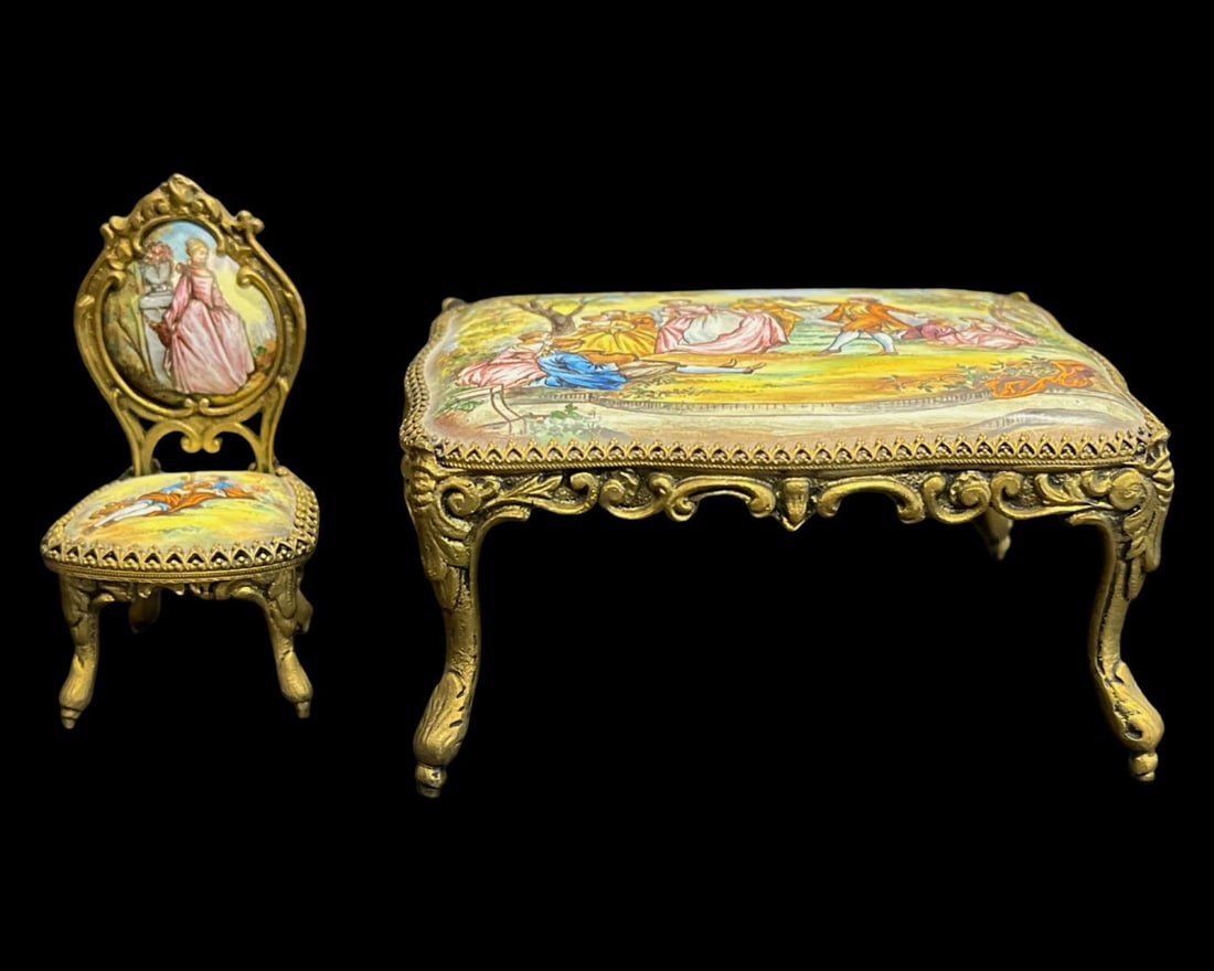 Two Pcs French Enameled Miniature Table & Chair (1 of 3)