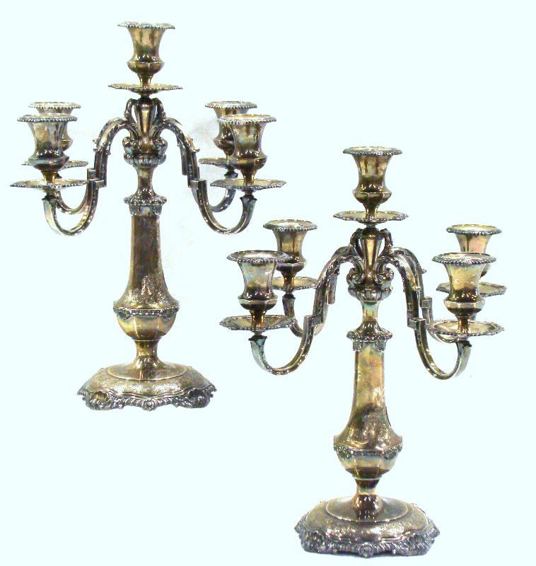 Pair Of Watson Sterling Candelabra: Pair of Watson sterling silver 3 light candelabra. Measures 15 3/4" high x 10 3/4" wide. Weighs 137toz combined. For Domestic or International Shipping Quotes Please Feel Call Ryan or Dave at Eagle Sh
