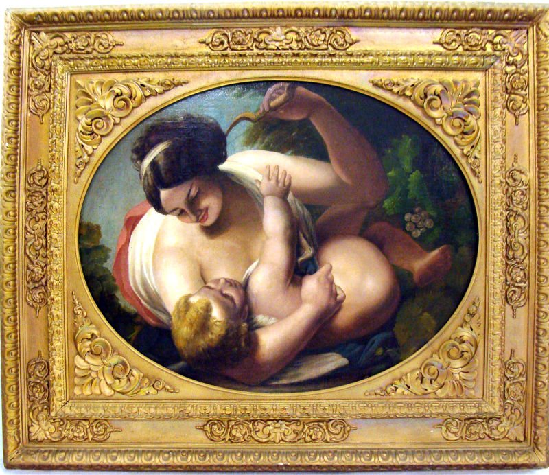 Attributed to Thomas Sully Painting Woman & Child: A painting of a woman and child, attributed to Thomas Sully. The painting is in the Romantic style and portrays a young woman with a child, both in classical dress. Measures 37" X 28 1/2" oval and mea