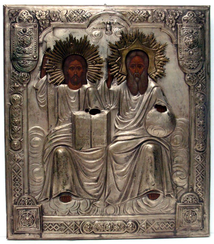 Russian Icon of Moses and Jesus Christ: Russian Icon depicting Moses and Jesus Christ with theTen Commandments on wood. Measures 15 1 / 4" wide x 17/3/8" height. For Domestic or International Shipping Quotes Please Feel Call Ryan or Dave at
