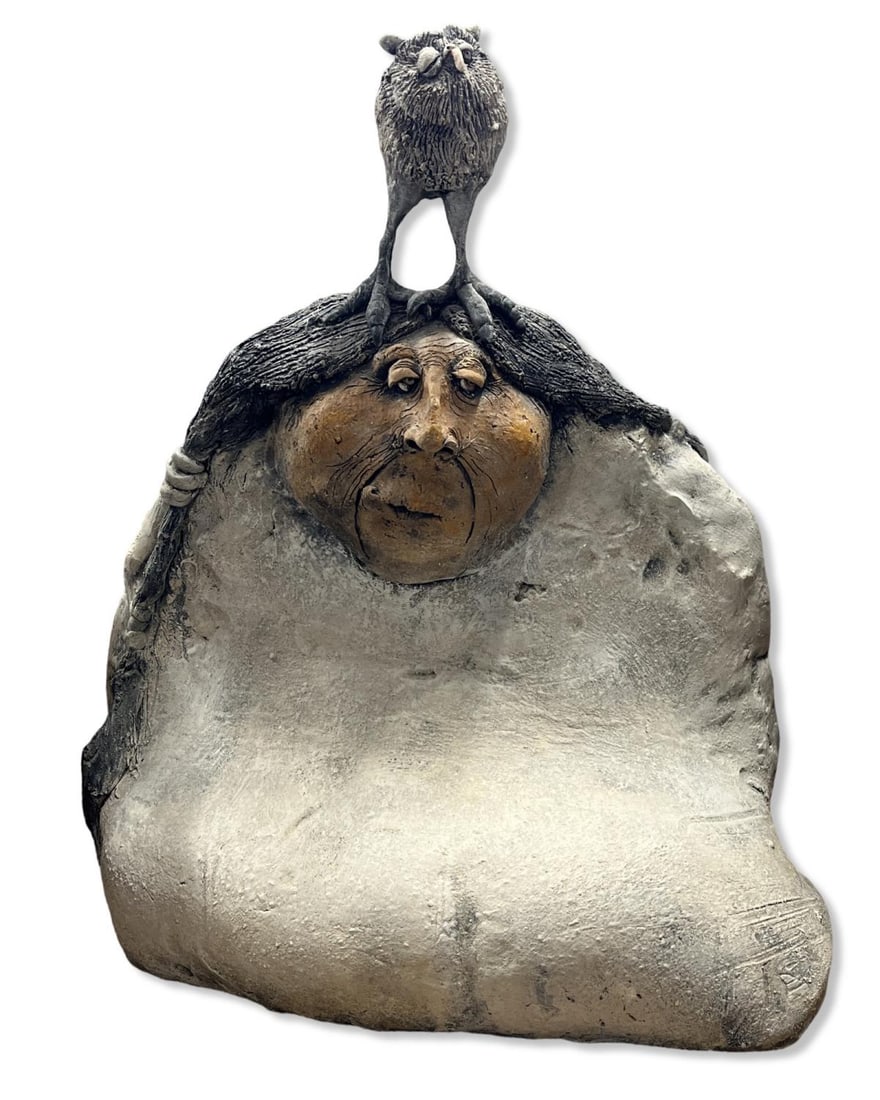 Signed Todd Warner (American b. 1945) Ceramic Indian Head with Owl Sculpture (1 of 3)