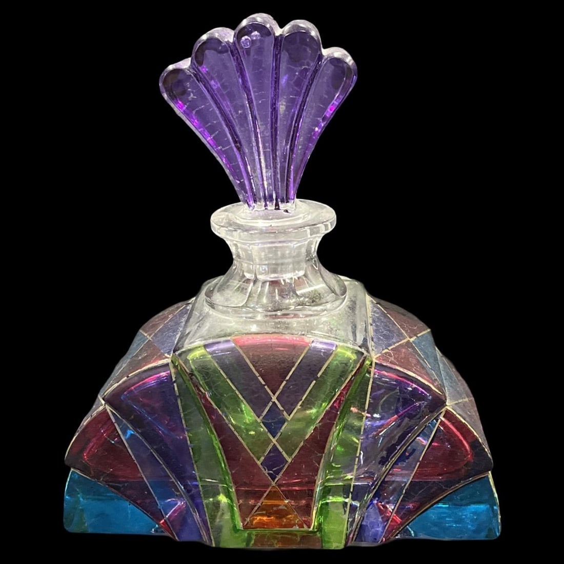 Murano? Art Deco Style Art Glass Perfume Bottle: Murano? Art Deco Style Art Glass Perfume Bottle measures 8" x 7"
