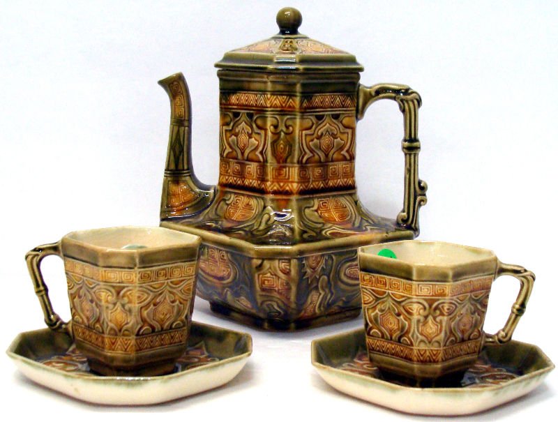 Antique Choisy Le Roi 5pc Oriental Teaset: Consists of a rare 3 piece teaset. Teapot measures 8" x 7". Two cups measuring 2 3/4" x 3 1/2". Two saucers 4 1/2" in diameter. For Domestic or International Shipping Quotes Please Feel Call Ryan or D