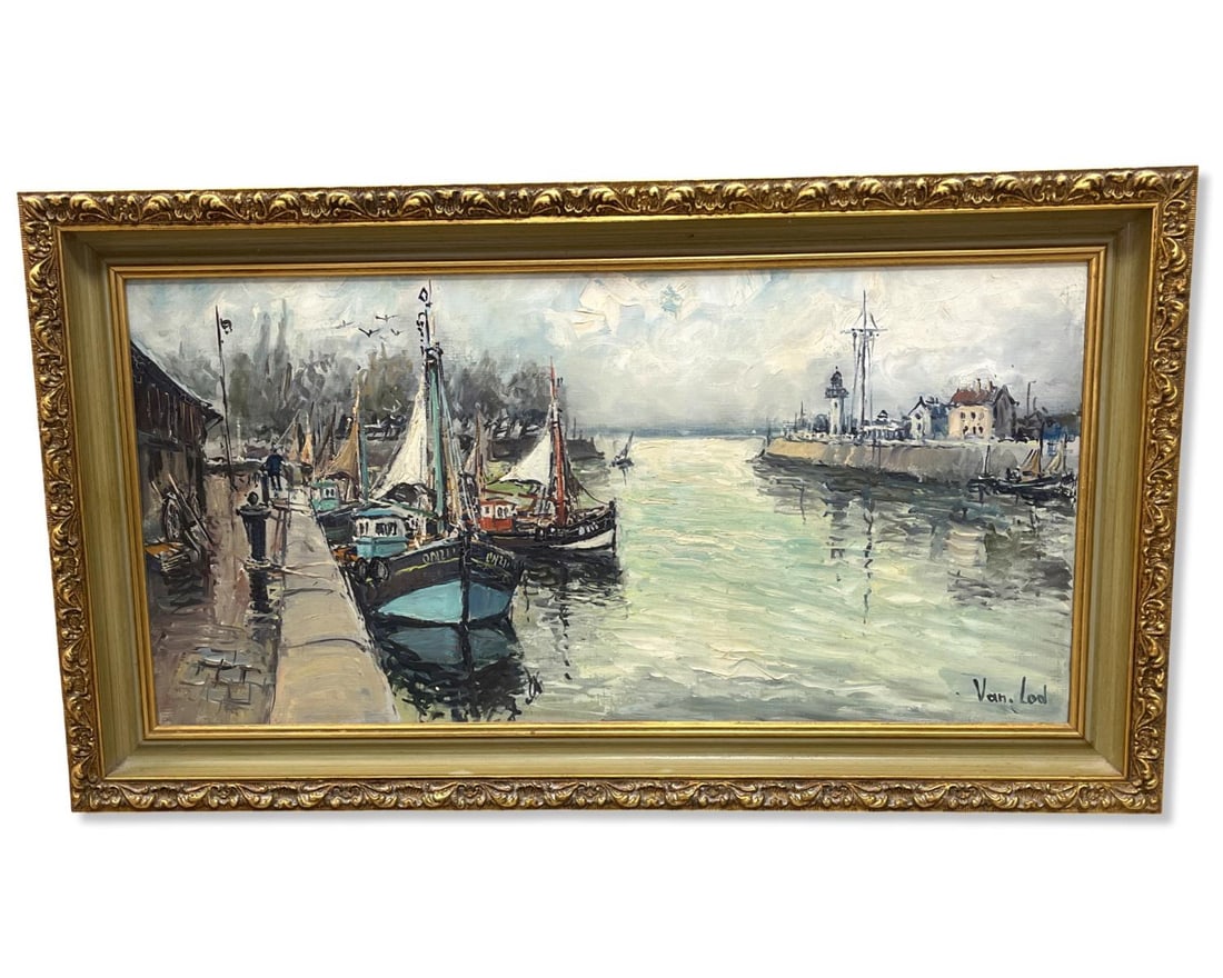 Signed Van Lod Oil Painting River and Boat Scene (1 of 3)