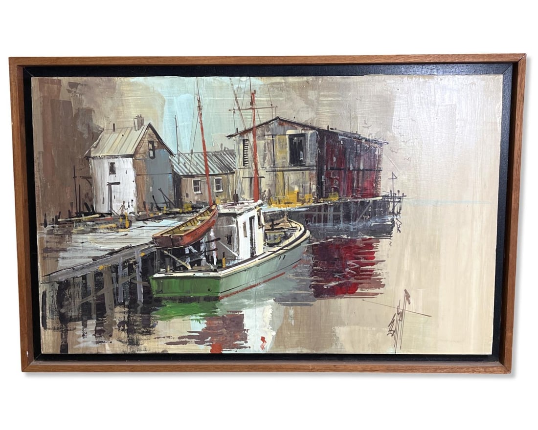Signed Edward J. Elhoff (American, 1929-1986) Dock Scene Oil Painting (1 of 3)