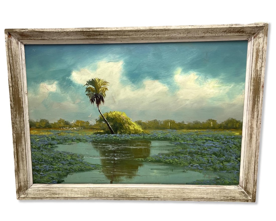 Signed Alfred Hair (American b. 1941) Florida Highwaymen Palm Tree & River Scene Oil Painting on (1 of 7)