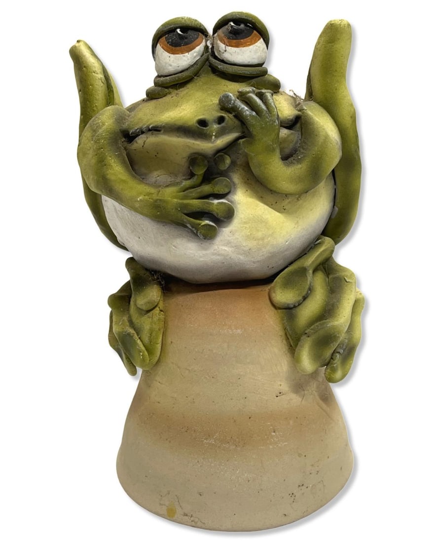 Signed and Dated Todd Warner Ceramic Frog Dinner Bell Sculpture (1 of 5)